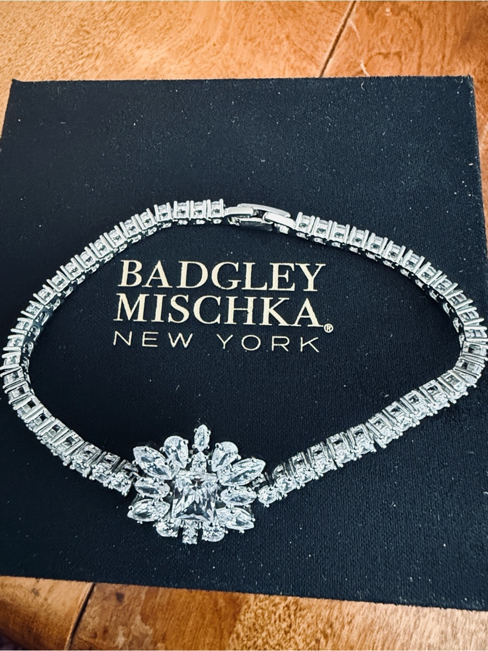 Badgley Mischka Silver-Tone Crystal Floral Bracelet